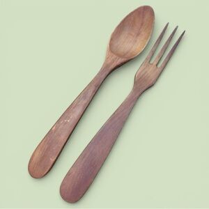 Vintage Hardwood Spoon Fork Salad Serving Decorative Utensil Set